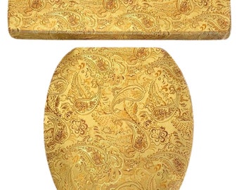 Bathroom Decor Gold and Copper Paisley Metallic Damask Jacquard Toilet Seat Lid & Tank Lid Cover set Decoration Home Gift Audrey Belisle