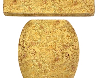 Bathroom Decor Gold and Copper Paisley Metallic Damask Jacquard Toilet Seat Lid & Tank Lid Cover set Decoration Home Gift Audrey Belisle