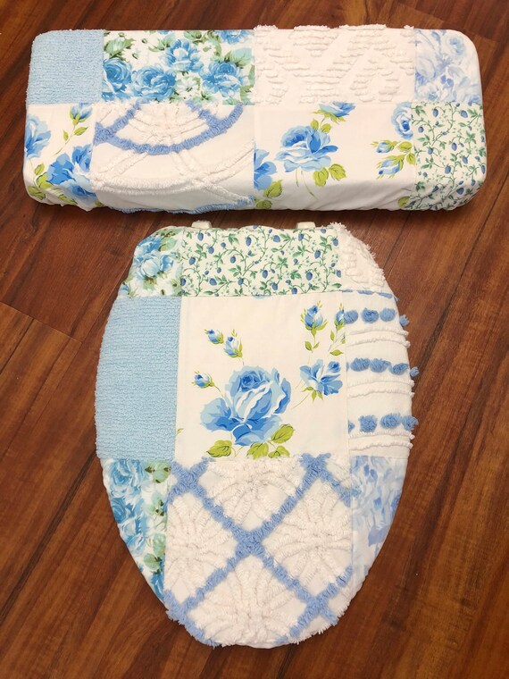 Vintage Blue Rose Chenille Toilet Seat Lid Cover Set