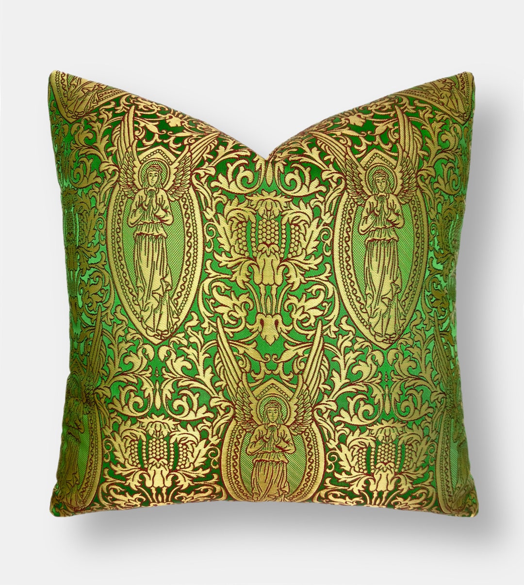 Emerald Green and Gold Angel Brocade - Pillow Cover - 18" X 18 ...