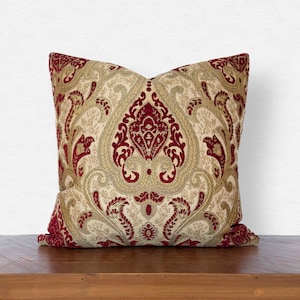 Decorative Throw Pillow High End Versailles Paisley Red Damask Chenille Gold Brocade Metallic 18&quot; x 18&quot;