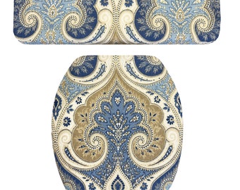 Bathroom Decor Baroque Paisley Blue Camel LINEN  LINED  Toilet Seat Lid & Tank Lid Cover Set Decoration Home Gift Audrey Belisle