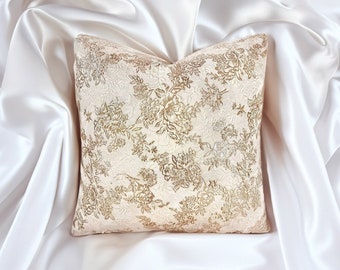 Decorative Throw Pillow High End Luxurious Blush Buttercream and Gold Floral 18" x 18" Brocade Jacquard Indoor Pillow With Feather Insert