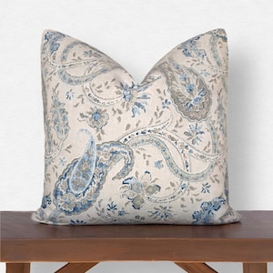 Decorative Throw Pillow Cover High End Stone Beige Blue Paisley Distressed Look Canvas  18&quot; x 18&quot; Indoor Outdoor