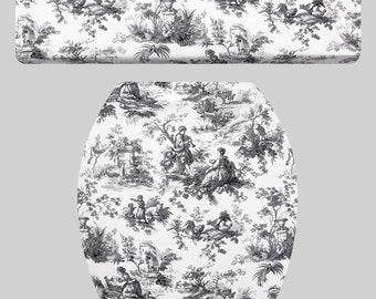 Bathroom Decor Gray Black French Country Toile Toilet Seat Lid & Tank Lid Cover Set Decoration Home Gift Audrey Belisle