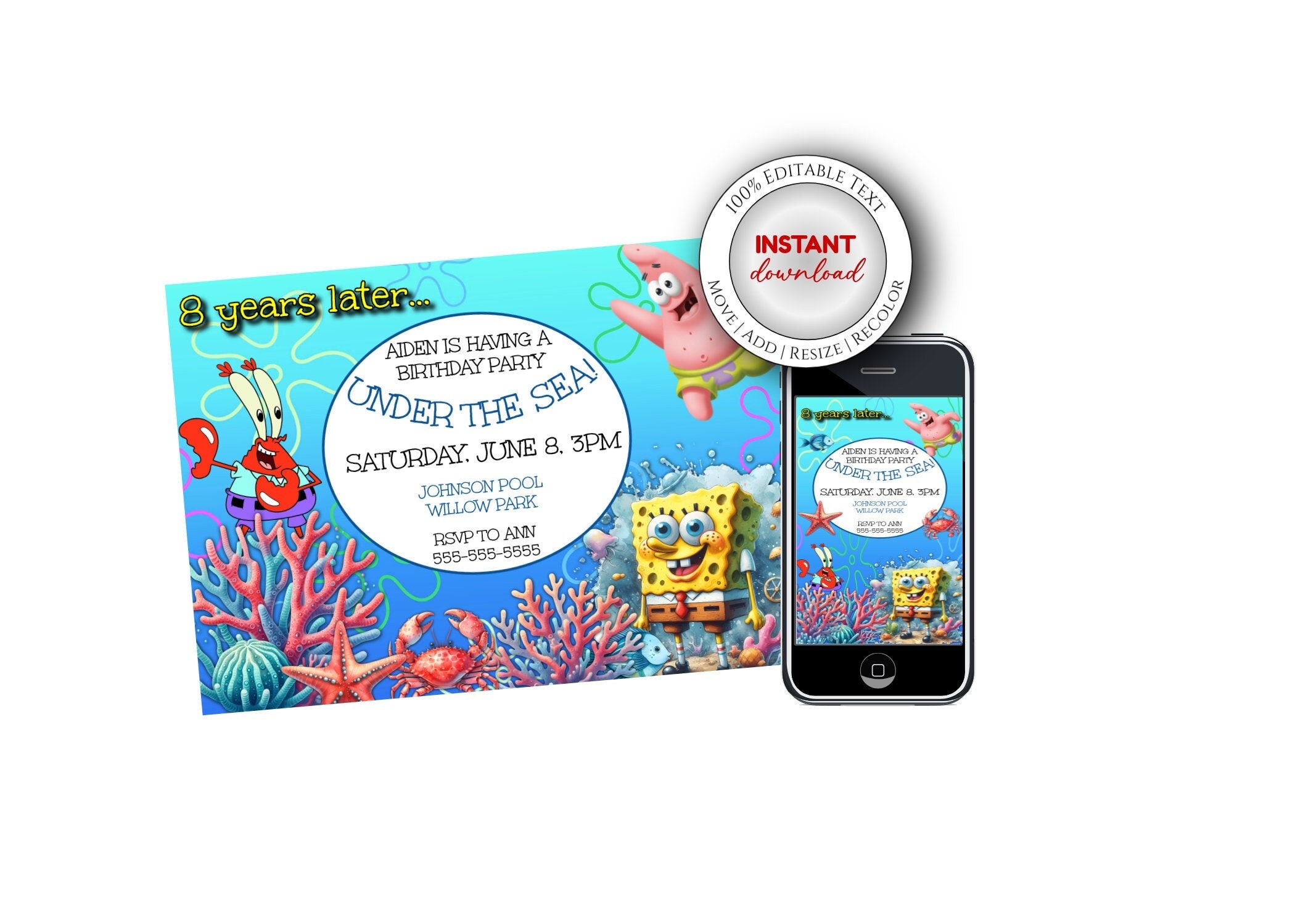 SpongeBob Themed Birthday Invitation Template Printable Digital SpongeBob SquarePants Birthday Invitation Under the Sea