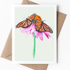 Carte de voeux papillon monarque - carte vierge 5 x 7 de peinture à la gouache originale - carte d'art pollinisateur - carte nature échinacée - fait main