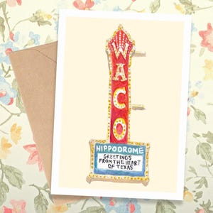 Cartão de felicitações do Teatro Waco Hippodrome – Cartão em branco 5x7 com pintura guache original – Impressão artística de Waco, Texas – Cartão de marco do Texas feito à mão