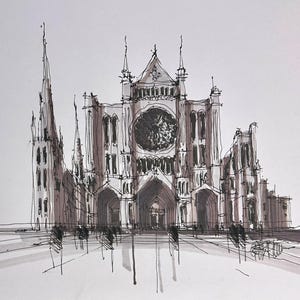 Könnte beinhalten: Tuschezeichnung einer Kathedrale mit komplizierten architektonischen Details. Die Zeichnung zeigt ein großes Rosettenfenster, gewölbte Türen und mehrere Türme. Das Kunstwerk ist in Grau- und Brauntönen gehalten, mit sichtbaren Federstrichen.