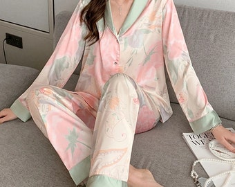 Light Luxury comfortable Ice Silk Pajamas - High Quality Women's spring Pajama and Autumn - Style Long Sleeve Home Set Nightwear Sleepwear