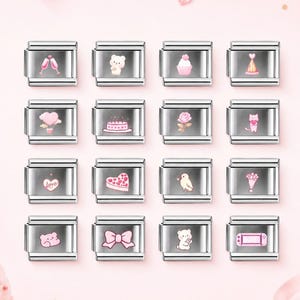 May include: A collection of sixteen silver-toned modular bracelet links arranged in a four-by-four grid. Each link features a unique pink-toned graphic, including a teddy bear, a birthday cake, a rose, a heart-shaped box, a bow, and a handheld game console.