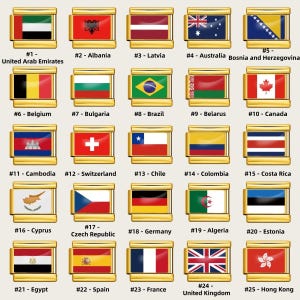 Puede incluir: Una colección de 25 pines de bandera con marco dorado, cada uno con un diseño de bandera nacional diferente. Las banderas representan países como los Emiratos Árabes Unidos, Albania, Letonia, Australia y Bosnia y Herzegovina. Cada pin está numerado y etiquetado.