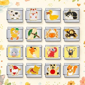 May include: A collection of sixteen rectangular stainless steel modular bracelet links, each featuring a unique colorful enamel charm including animals like a cow, cat, duck, crab, monkey, and squirrel, alongside a robot and various cartoon figures.