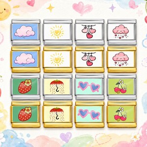 May include: A collection of sixteen rectangular modular bracelet links arranged in a four-by-four grid. The links feature silver and gold-toned metal frames with colorful enamel inserts depicting strawberries, hearts, clouds, suns, and sunglasses.