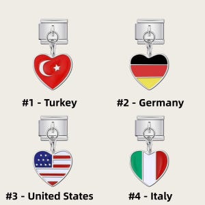 Könnte beinhalten: Vier herzförmige Charms mit Länderflaggen-Designs. Die Charms sind silberfarben und zeigen die Flaggen der Türkei, Deutschlands, der Vereinigten Staaten und Italiens. Jeder Charm hat eine Nummer und den Namen des Landes darunter.