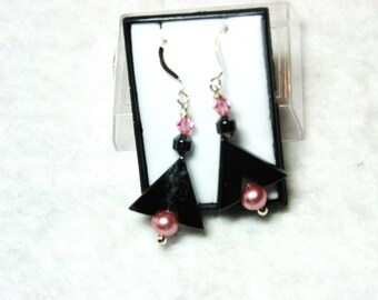 Hematite Triangle and Pearl Earrings