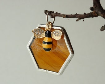 Stained Glass Pendant Bee Honeycomb Art Glass