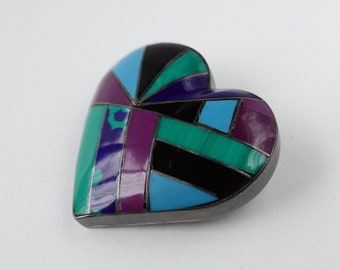 Vintage Sterling Silver Inlaid Heart Pendant Brooch Mexico