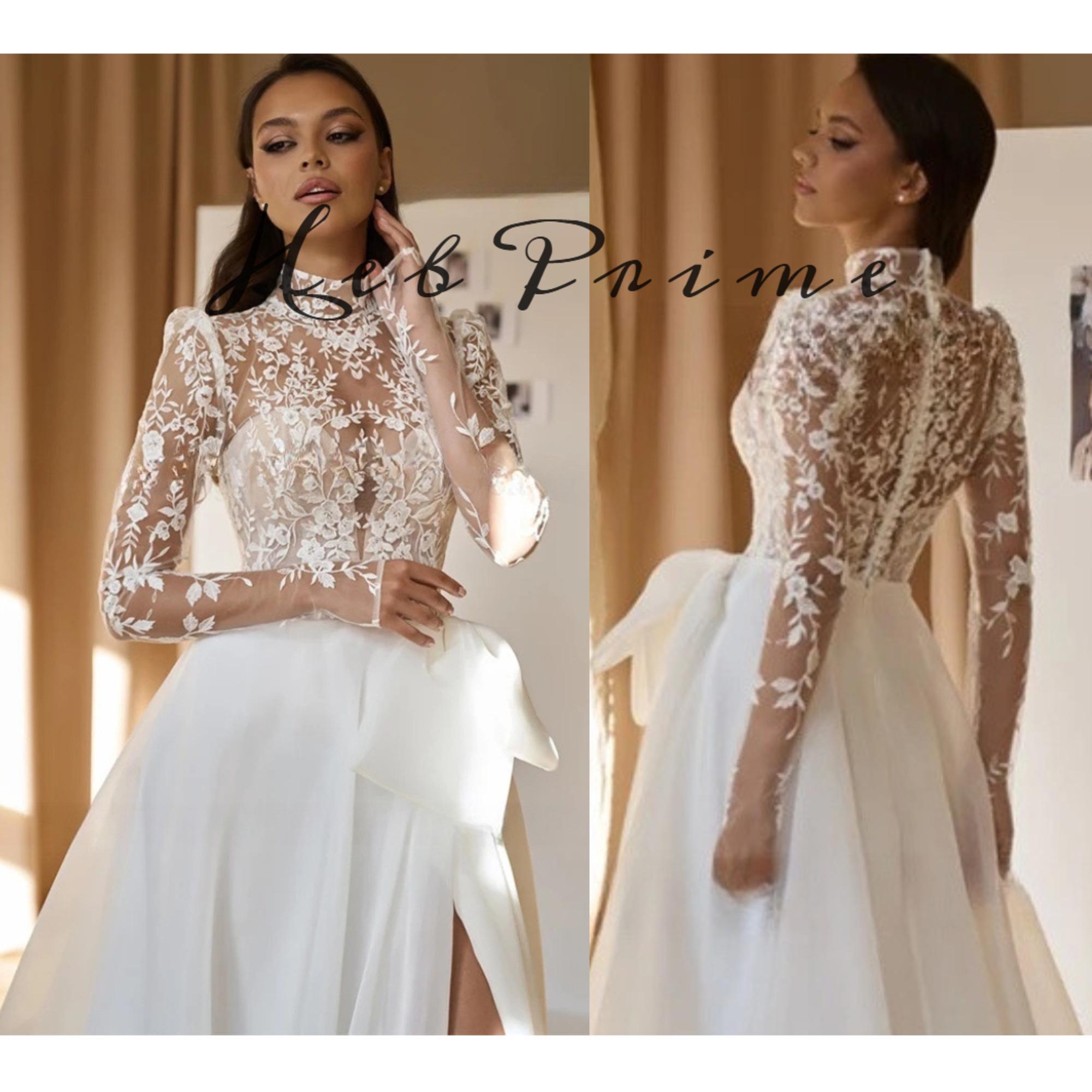 High Neck Illusion Wedding Gown With A line Tulle Long Sleeves