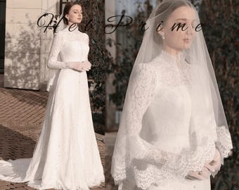 Full Lace A-Line Wedding Gown High Neck, Long Sleeves
