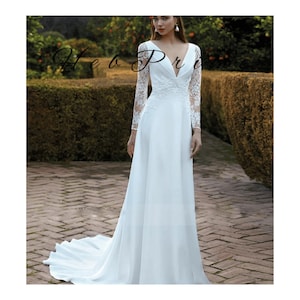 Lace Applique A-Line Wedding Dress V-Neck, Long Sleeves, Satin, Illusion Back, Custom Made for Women