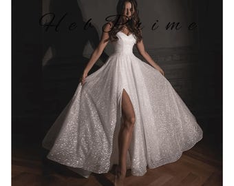 Glittering V-Neck Wedding Dress Sparkling Bridal Gown with Side Split