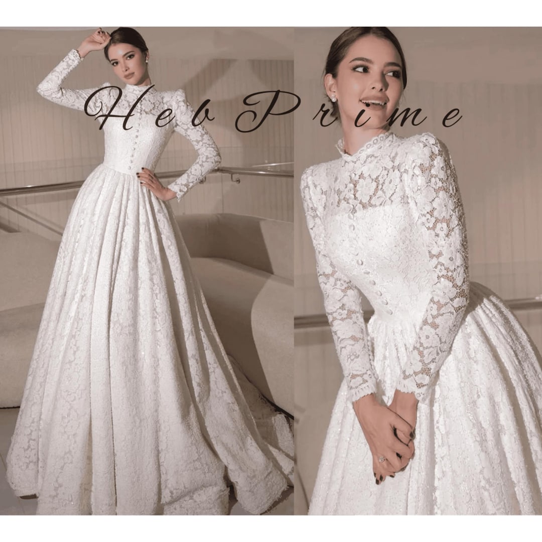Modest A-line Wedding Dress Lace, High Neck, Puff Sleeves, Floor-length ...