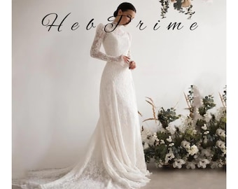 High Neck Lace Mermaid Wedding Dress Long Sleeves, Sweep Train