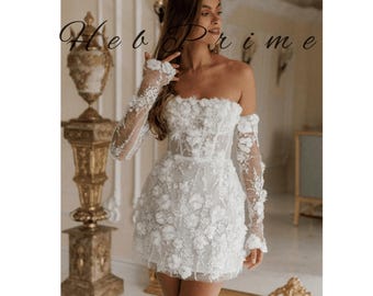 Sparkling 3D Floral Mini Wedding Dress Boho Bridal Gown with Detachable Sleeves