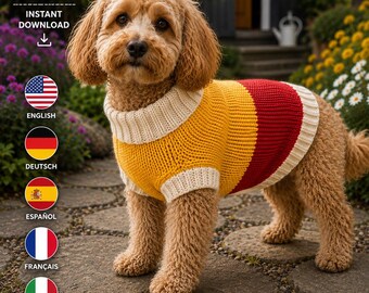 Puede incluir: Un patrón digital en PDF para un suéter de perro con cuello y dobladillo acanalados de color crema, y un cuerpo de punto a rayas amarillas y rojas. La imagen incluye texto que indica que es un patrón digital en PDF para descarga inmediata.