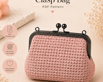 Patrón de ganchillo para bolso con cierre en PDF, tutorial para bolso con cierre de beso, bolso de ganchillo ideal para principiantes, patrón en varios idiomas.