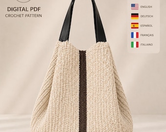 Puede incluir: Un patrón de ganchillo en PDF digital para un bolso de mano beige con una franja central vertical de color marrón oscuro y asas negras. La imagen incluye texto que indica que se incluyen 5 idiomas: inglés, alemán, español, francés e italiano.