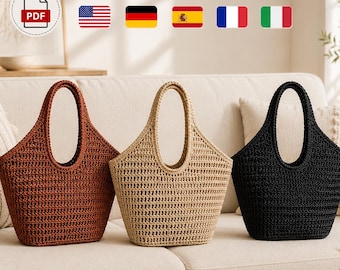 May include: Three crochet tote bags in rust, beige, and black colors. Each bag features a wide, integrated handle and a textured, open-stitch pattern. The bags are arranged side-by-side, showcasing a consistent structural design and shape.