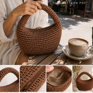 Könnte beinhalten: Eine braune gehäkelte Mini-Raffiatasche mit einem abgerundeten Griff und einem Reißverschluss oben. Das Innere ist mit einem beigen Stofffutter und einer offenen Tasche ausgestattet. Der Text CROCHET MINI RAFFIA BAG PATTERN PDF ist oben zu sehen.