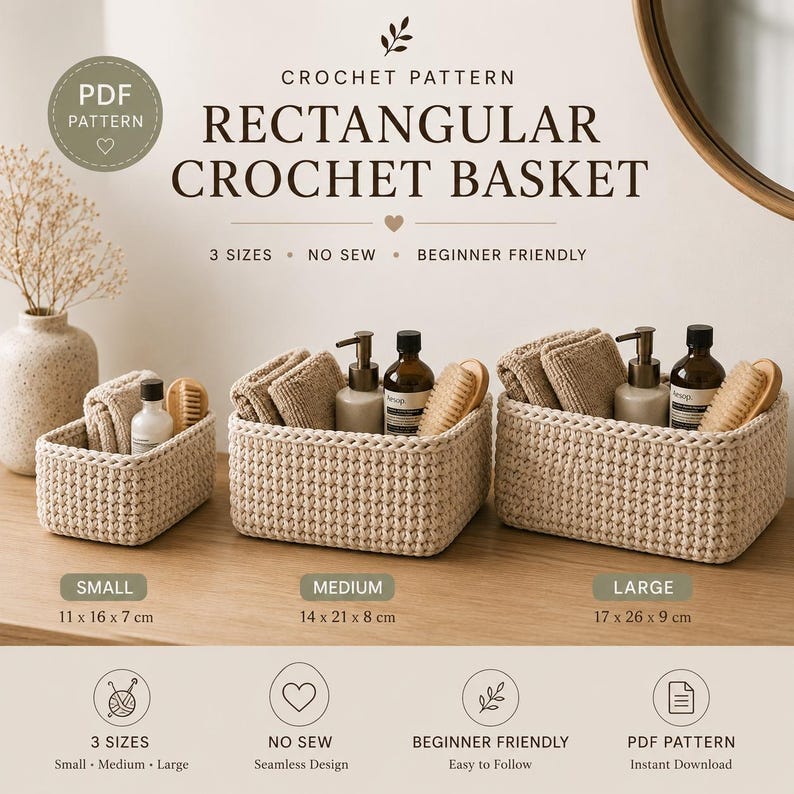 May include: A digital crochet pattern for a rectangular basket in three sizes: small (11 x 16 x 7 cm), medium (14 x 21 x 8 cm), and large (17 x 26 x 9 cm). The image displays three beige crocheted baskets filled with folded towels and bottles.