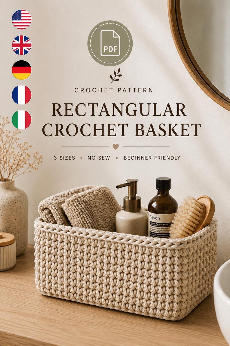 May include: A rectangular crochet basket in a light beige color, containing two folded beige cloths, a pump bottle, a dark brown bottle labeled Aesop, and a wooden brush. The text reads: PDF, CROCHET PATTERN, RECTANGULAR CROCHET BASKET, 3 SIZES, NO SEW, BEGINNER FRIENDLY.