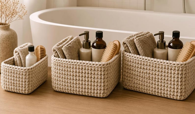 May include: Three rectangular, cream-colored woven storage baskets made of thick cord. Each basket contains folded beige fabric cloths, a wooden-handled brush, and amber or white bottles with pump dispensers, organized for bathroom storage.