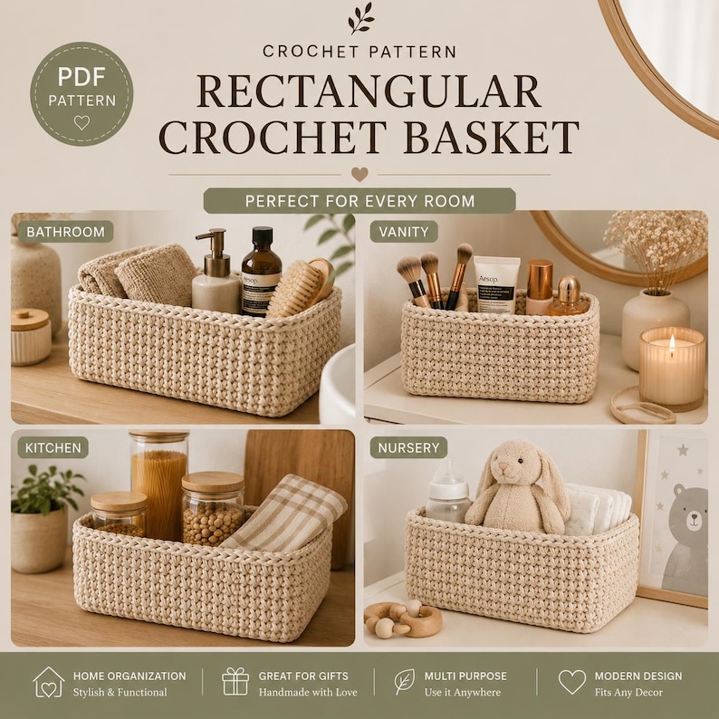 May include: A digital PDF crochet pattern for a rectangular basket. The image displays four examples of the beige, textured basket used for storage in a bathroom, vanity, kitchen, and nursery, filled with various household items and toiletries.
