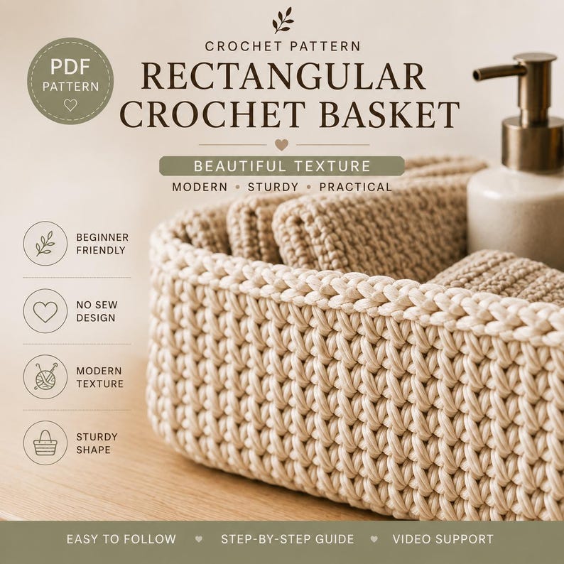 May include: A rectangular crochet basket with a thick, beige yarn texture. The image includes text: CROCHET PATTERN RECTANGULAR CROCHET BASKET, BEAUTIFUL TEXTURE, MODERN, STURDY, PRACTICAL, BEGINNER FRIENDLY, NO SEW DESIGN, EASY TO FOLLOW, STEP-BY-STEP GUIDE, VIDEO SUPPORT.