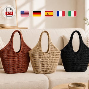 Haakpatroon voor een metallic draagtas (PDF), handleiding voor een raffia boodschappentas, zomerse schoudertas, haakpatroon voor een tas van mesh