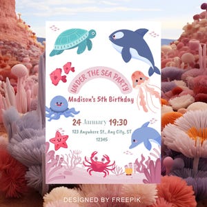 Oneder the Sea Birthday Invitation Printable, Under the Sea Editable Template, 1st Birthday Invite, Ocean Animals Girls Under the Sea Invite