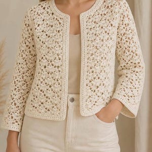 Haakpatroon voor een kanten vest (PDF), zomervest, damesjasje met kant, direct te downloaden, geschikt voor beginners, 5 talen.