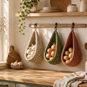 May include: Three teardrop-shaped hanging baskets made of thick, chunky knit yarn in cream, sage green, and terracotta colors. Each basket is suspended from a wooden wall-mounted rack by a black metal hook, holding garlic, onions, and potatoes.