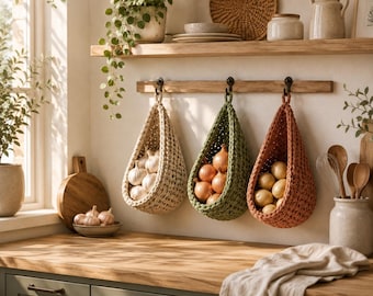 Patrón de bolsa de ganchillo para frutas y verduras en PDF, bolsa de mercado colgante, para almacenar cebollas, ajos y patatas, organizador de cocina, descarga instantánea, 5 idiomas.