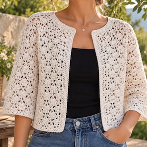 Modello PDF per cardigan all'uncinetto in pizzo, cardigan estivo all'uncinetto, modello per giacca da donna in pizzo, download immediato, adatto ai principianti, 5 lingue