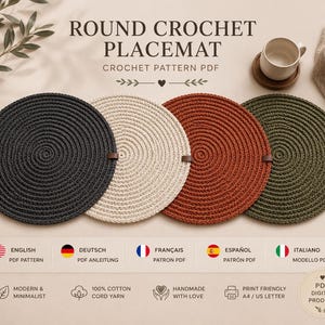 Spiral Placemat Crochet Pattern PDF, Round Table Mat, Crochet Placemat Pattern, Boho Decor, English, German, French, Spanish, Italian