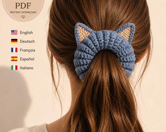 Patrón de coletero de ganchillo con orejas de gato en PDF, patrón de coletero, lazo para el pelo con forma de gato, accesorio para el pelo de ganchillo DIY, descarga instantánea.