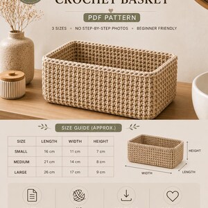 May include: A rectangular crochet basket pattern PDF featuring a beige woven basket. The document includes a size guide with dimensions in centimeters for small, medium, and large baskets, along with icons for written instructions and printable PDF format.