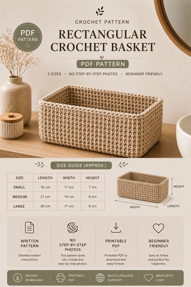 May include: A rectangular crochet basket pattern PDF featuring a beige woven basket. The document includes a size guide with dimensions in centimeters for small, medium, and large baskets, along with icons for written instructions and printable PDF format.