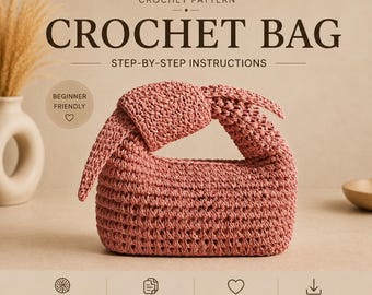 Puede incluir: Un patrón de ganchillo para un bolso con instrucciones paso a paso. El texto dice CROCHET PATTERN, CROCHET BAG, STEP-BY-STEP INSTRUCTIONS, BEGINNER FRIENDLY, DETAILED INSTRUCTIONS, EASY TO FOLLOW, MADE WITH LOVE e INSTANT DOWNLOAD. Un bolso rosa.